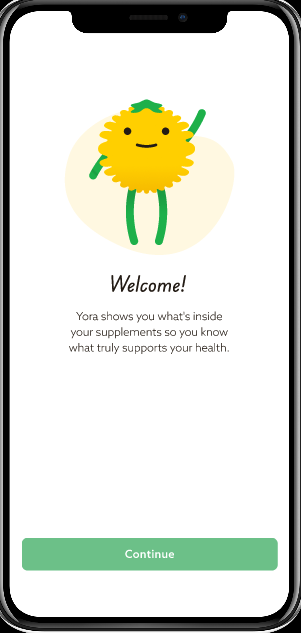 Yora app welcome screen with mascot and Continue button